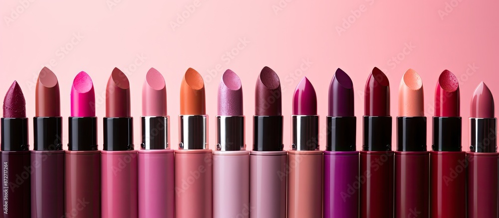 Poster Close-up of various lipsticks against a pink backdrop with copy space image.