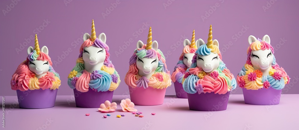 Poster unicorn cupcakes with a delightful charm displayed on a purple backdrop with room for a message in t
