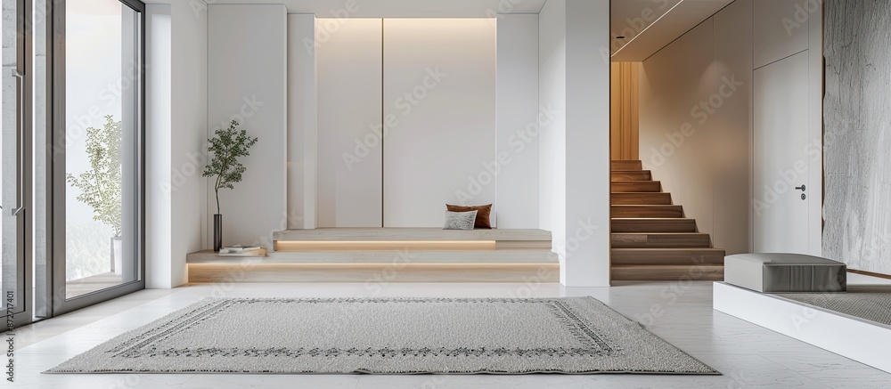 Poster Stylish rug on floor in interior of modern hallway. with copy space image. Place for adding text or design