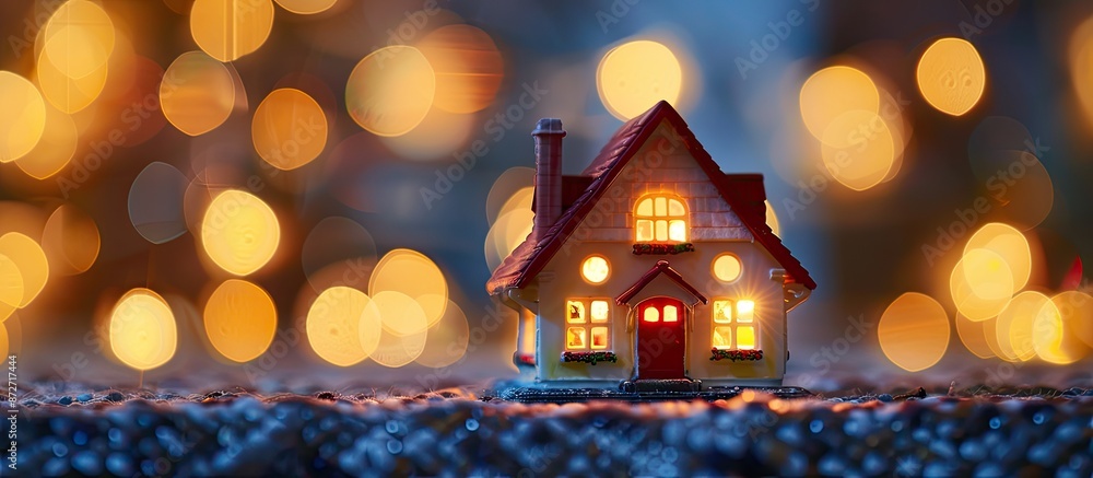 Aufkleber copy space image of a toy house set against a blurred bokeh lights background.