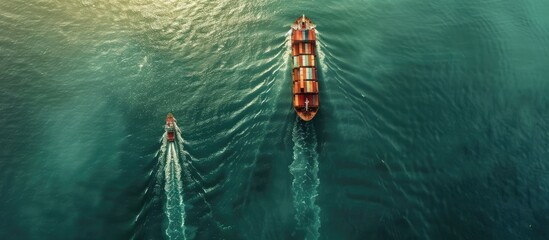 A bird's eye view captures a massive container ship sailing on the open sea, symbolizing the import-export industry with ample copy space image.