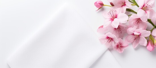 Top view of a new folded microfiber cloth for cleaning on white background with spring flowers, perfect for dusting and polishing. Illustrates domestic household cleaning service concept with copy