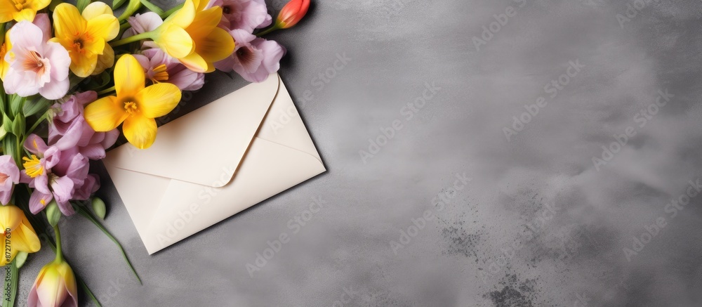 Poster Mockup featuring colorful freesia flowers and a greeting envelope on a concrete background, perfect for branding and advertising with copy space image.