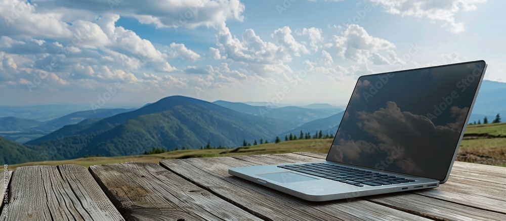 Poster a laptop placed on a wooden table against a picturesque sky in the background, designed for use with