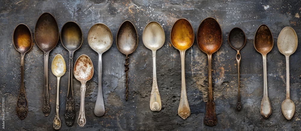 Poster vintage spoons displayed on a stone table from above, creating a layout with a copy space image.