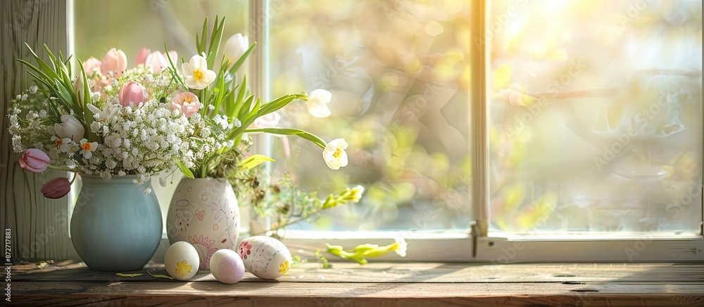 Aufkleber a desk with abundant free space, perfect for an easter-themed arrangement, set against a blurred win