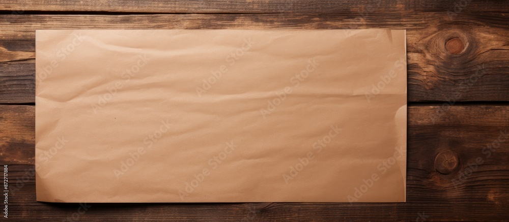 Poster View from above of plain brown paper on a wooden surface with available copy space for adding text or images in a flat lay composition.