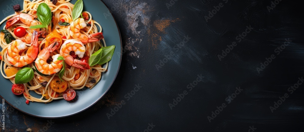 Poster a high-angle view captures a mediterranean dish featuring spaghetti with shrimp and vegetables on a 