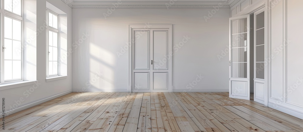 Poster interior of spacious empty living room with whitewash walls laminated floor with white doors and woo