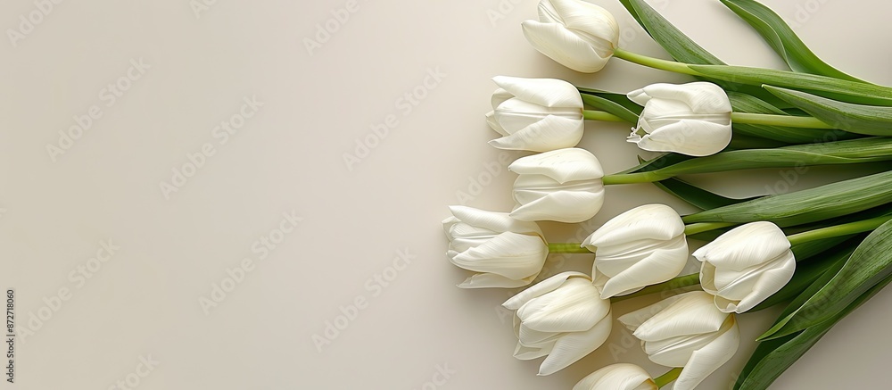 Aufkleber Top-down view of a bunch of white tulips on a blank background, suitable for adding text or designs, creating a copy space image.