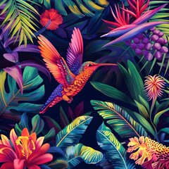 Vibrant Hummingbird Amid Lush Tropical Foliage and Blooms