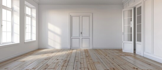 Obraz premium Interior of spacious empty living room with whitewash walls laminated floor with white doors and wooden wardrobe. with copy space image. Place for adding text or design