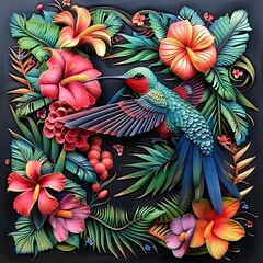 Vibrant Hummingbird Among Tropical Flowers and Lush Foliage