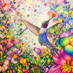 Vibrant Hummingbird Amidst Flourishing Botanical Landscape