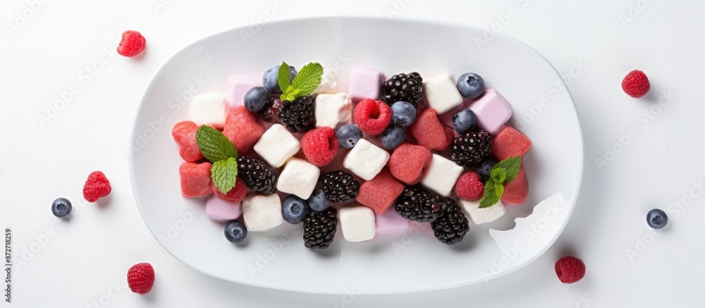 Poster top-down view of a colorful berry dessert made of marshmallows on a white plate with ample copy spac