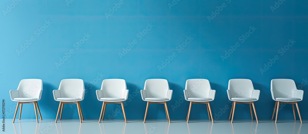Poster blue and white chairs set in a spacious blue room with an empty interior, ideal for a copy space ima