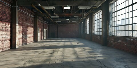 Concrete floor inside industrial victorian factory mill building. Warehouse, storehouse, hangar or plant. Modern interior with metal wall and steel structure with empty space for industry background