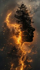 Silhouette of a woman's face with a tree growing out of her head, surrounded by lightning and stars.