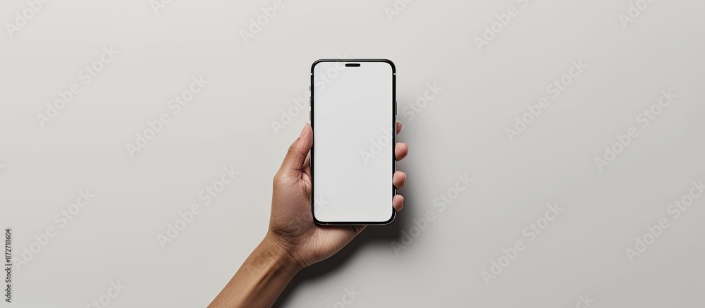 Poster a white phone is held by a hand against a white background with space for custom content, top-down v