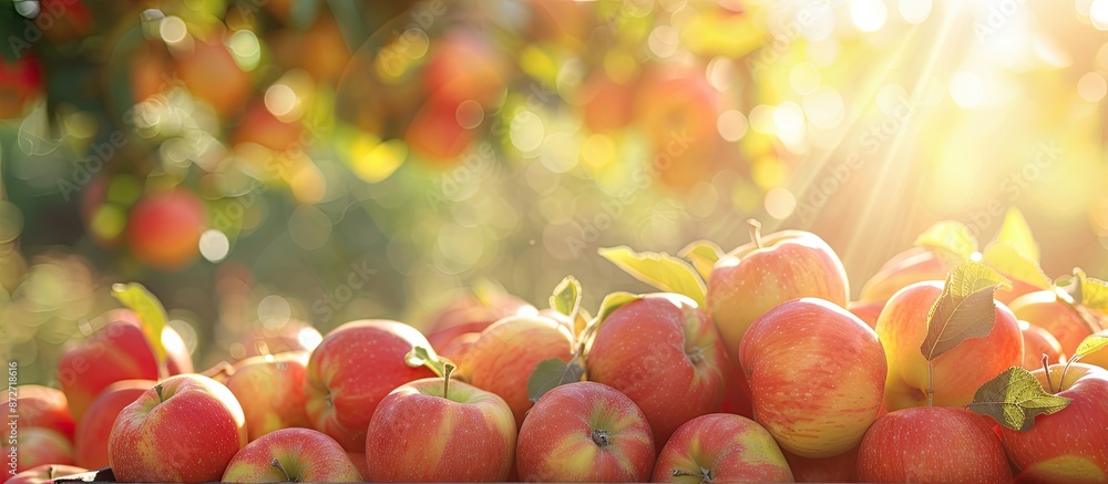Poster autumn garden setting with a sunny outdoor background, showcasing apples neatly arranged in a box wi
