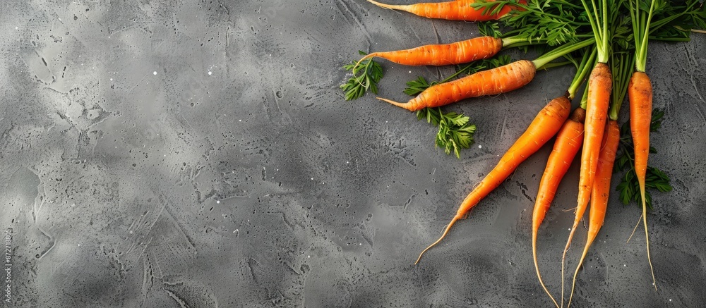 Leinwandbilder top view of fresh carrots on a gray stone backdrop, with room for you to add text to the copy space 