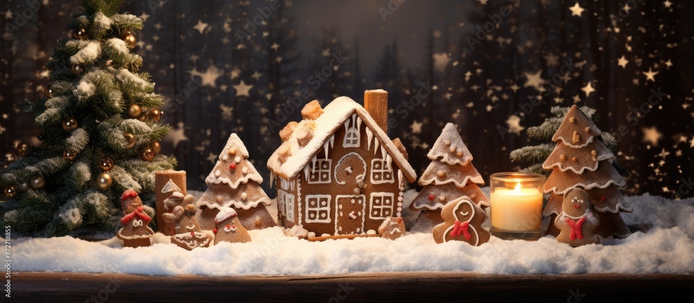 Aufkleber Christmas gingerbread house adorned with cookie figures and a pine tree, displayed on a table with New Year numbers and lights; the scene is perfect for a festive copy space image.