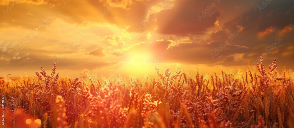 Aufkleber Close-up nature photo with a rich harvest idea against a sunset backdrop of ripening yellow wheat on a cloudy orange sky with copy space image of setting sun rays in rural meadow.
