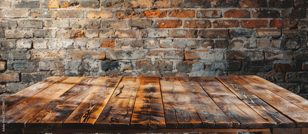 Aufkleber Rustic brick wall in the background creates a vintage backdrop for a wooden table with an empty copy space image perfect for showcasing products in a retro-inspired design layout.
