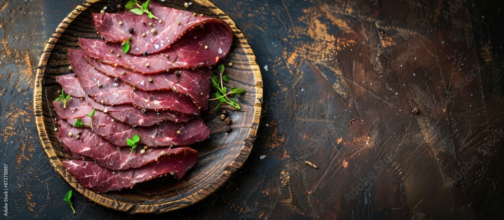 Poster top-down view of a wooden plate holding pastrami slices - dried beef infused with herbs - set agains