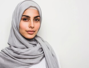 Beautiful Muslim woman with grey hijab, looking at the camera and posing on a white isolated background, copy space. Arabian middle eastern religious concept.