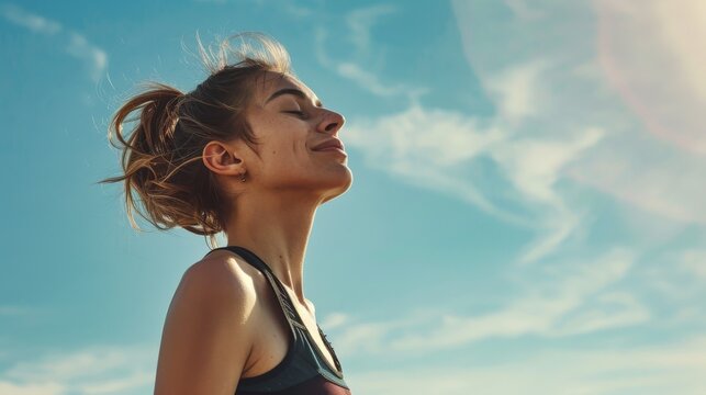 Fitness woman runner resting and breathing with happiness against blue sky.