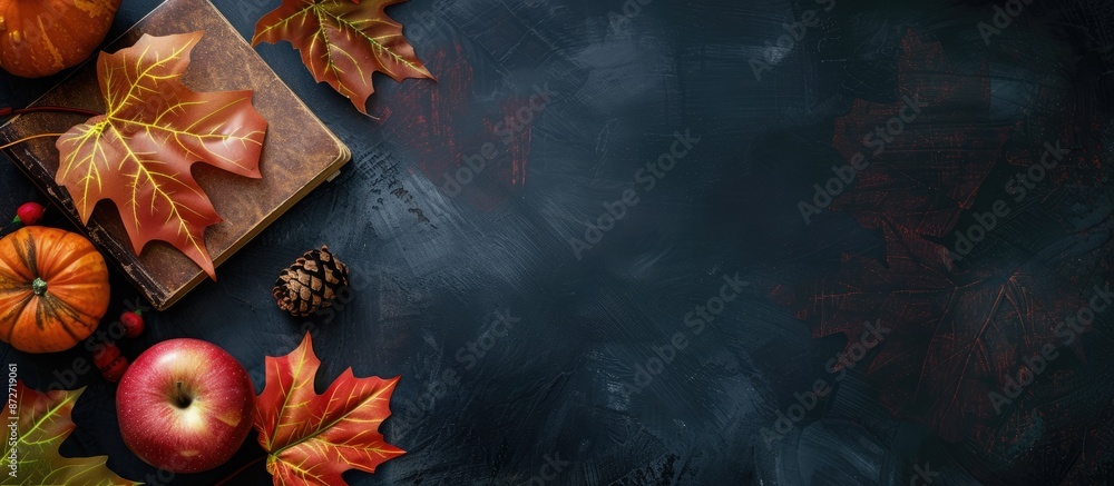 Aufkleber A fall-themed school desk set on a dark background with a copy space image included.