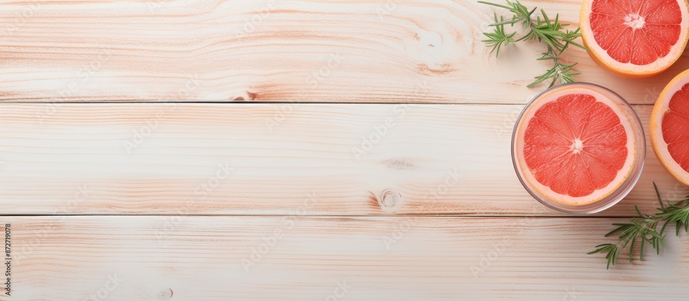 Fototapete top-down view of a delicious grapefruit beverage with ice, garnished with rosemary and fruits, set o