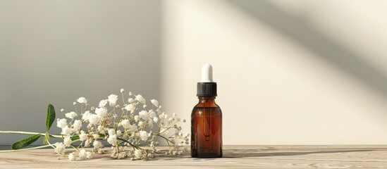 Cosmetic serums and flowers displayed on a wooden table with a light gray background, providing ample space for text alongside a captivating image.
