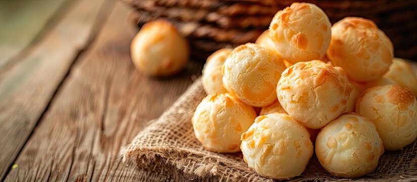 Brazilian snack, cheese bread (pao de queijo), on rustic sackcloth placed on a wooden table with selective focus for a copy space image.