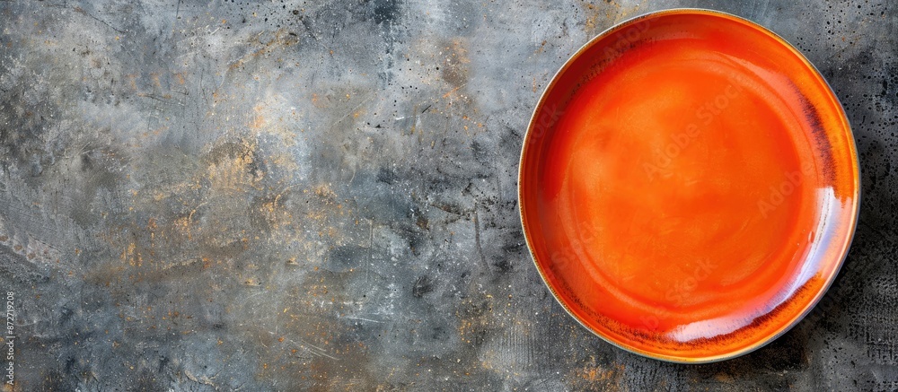 Poster An orange plate on a concrete background with ample copy space image for your design.