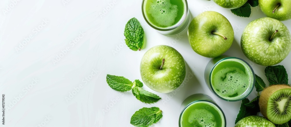Aufkleber fresh green juice and apples with copy space image on a white backdrop