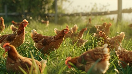 Fototapeta premium Group of chickens foraging on green grass.