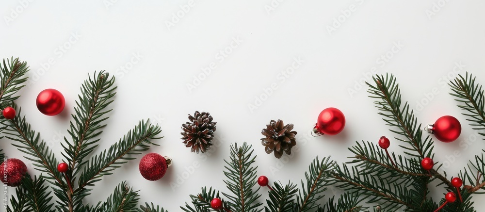 Aufkleber a festive display of pine branches and christmas balls against a plain white backdrop creates a char