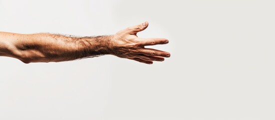 Isolated on a white background, a man's hand sign stands with copy space image.