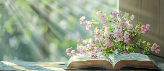 A symbol of renewal and new beginnings, spring flowers in front of an open bible provide a poignant copy space image.
