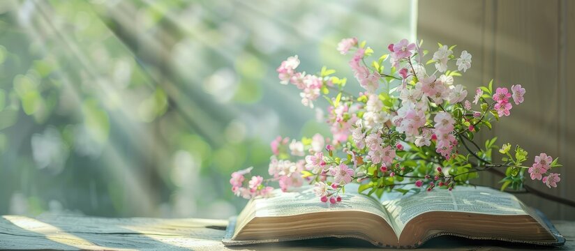 A symbol of renewal and new beginnings, spring flowers in front of an open bible provide a poignant copy space image.