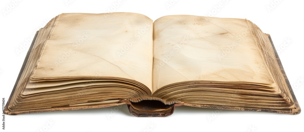 Aufkleber an open book with empty pages placed on a clean desk with a white background for a copy space image.