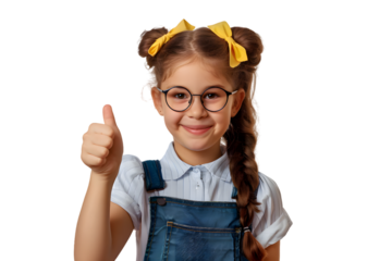 Smiling school girl showing thumb up isolated on transparent background