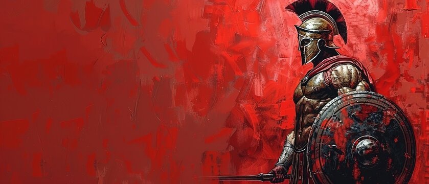 Illustration of spartan warrior in armor with shield and sword, antique Greek military, muscular ancient soldier, realistic