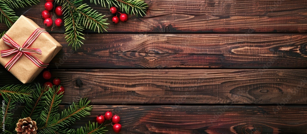 Leinwandbilder wooden surface with fir tree branches, red berries, and a present box creating a festive christmas a