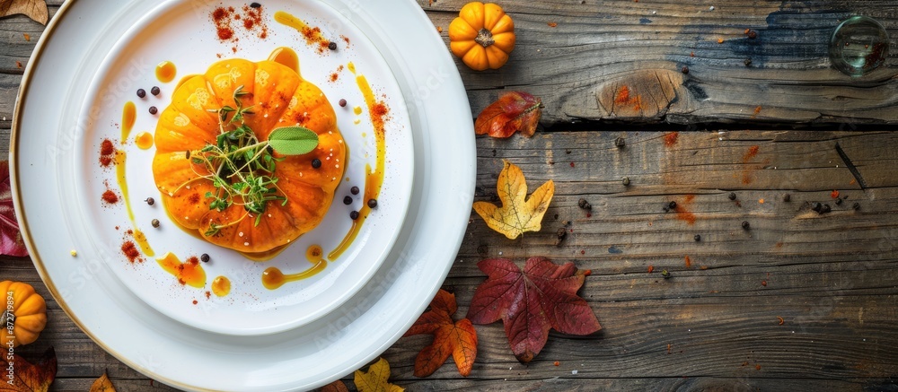 Aufkleber pumpkin dish perfectly presented on a white plate with space for text or image. copy space available