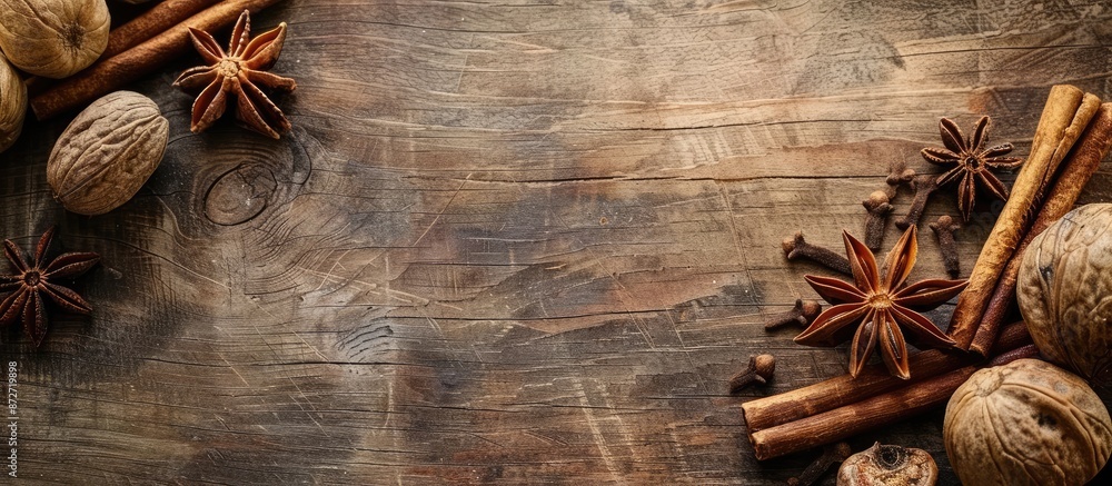 Poster Aromatic anise star and nutmeg placed on a wooden surface with cinnamon sticks, creating a visually appealing copy space image.