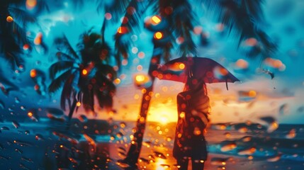 Fototapeta premium Silhouette of a woman with an umbrella standing in the rain with palm trees and sunset in the background.
