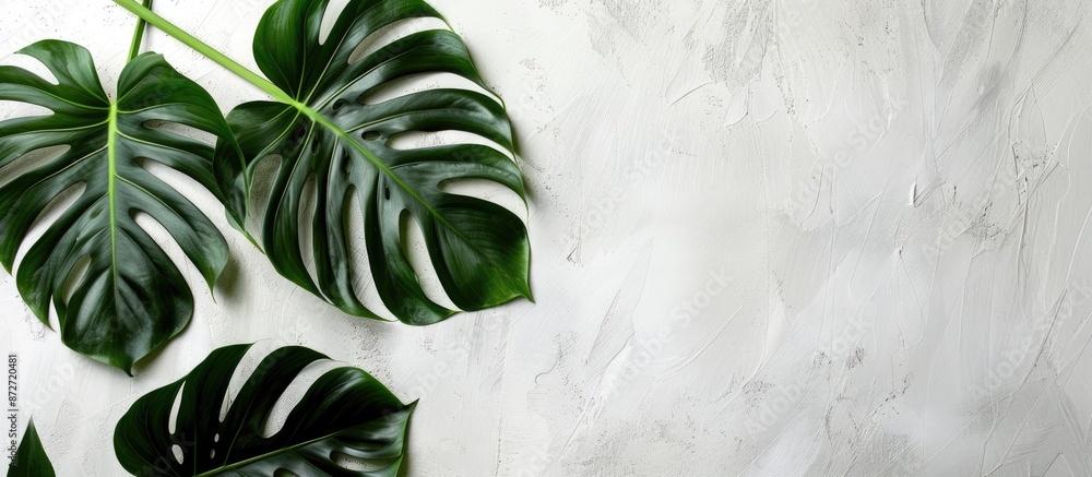 Poster Tropical monstera leaf arrangement framed in white against a light grey backdrop in a studio copy space image. Ample room for adding text.